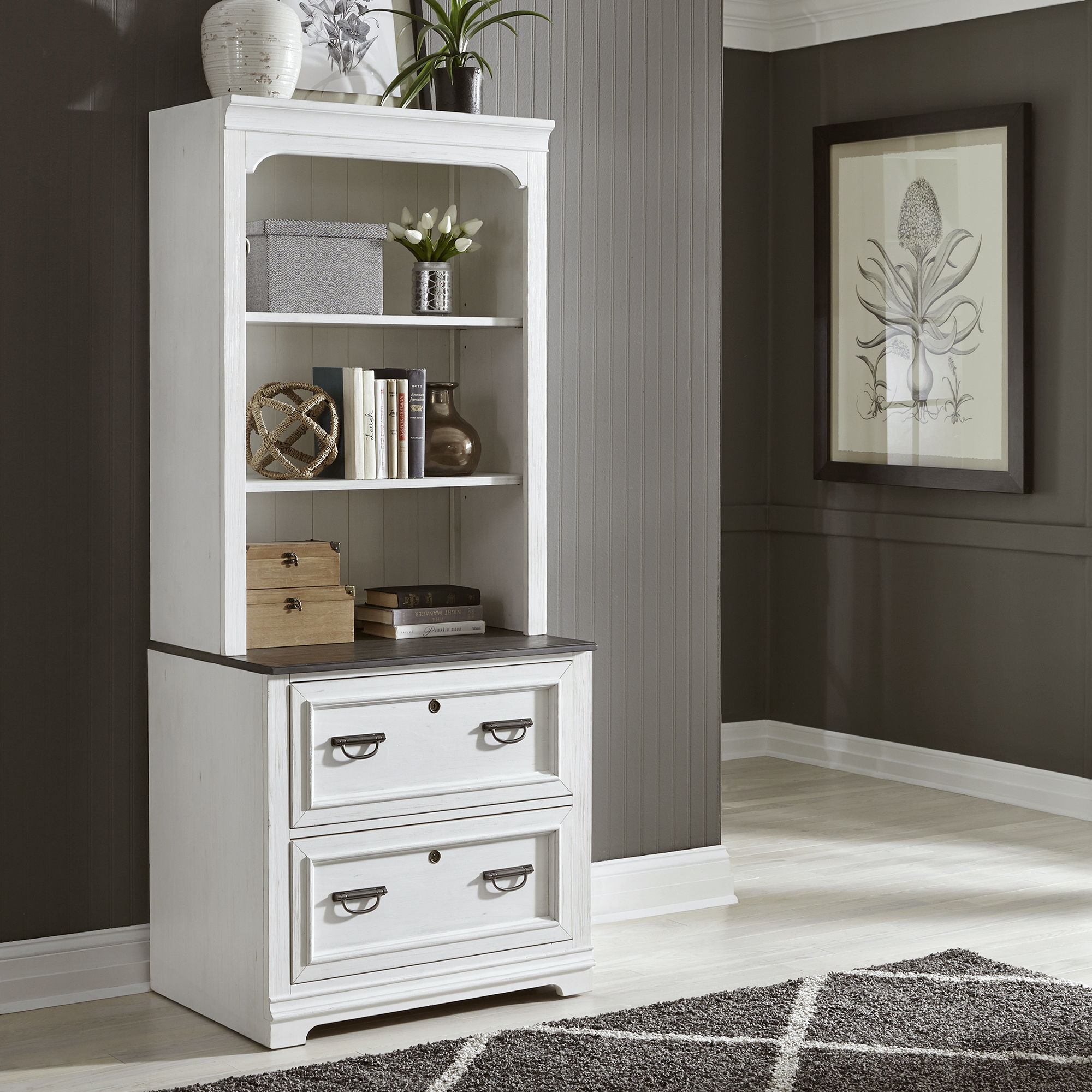 Allyson Park - Bunching Lateral File Hutch - Wirebrushed White / Charcoal