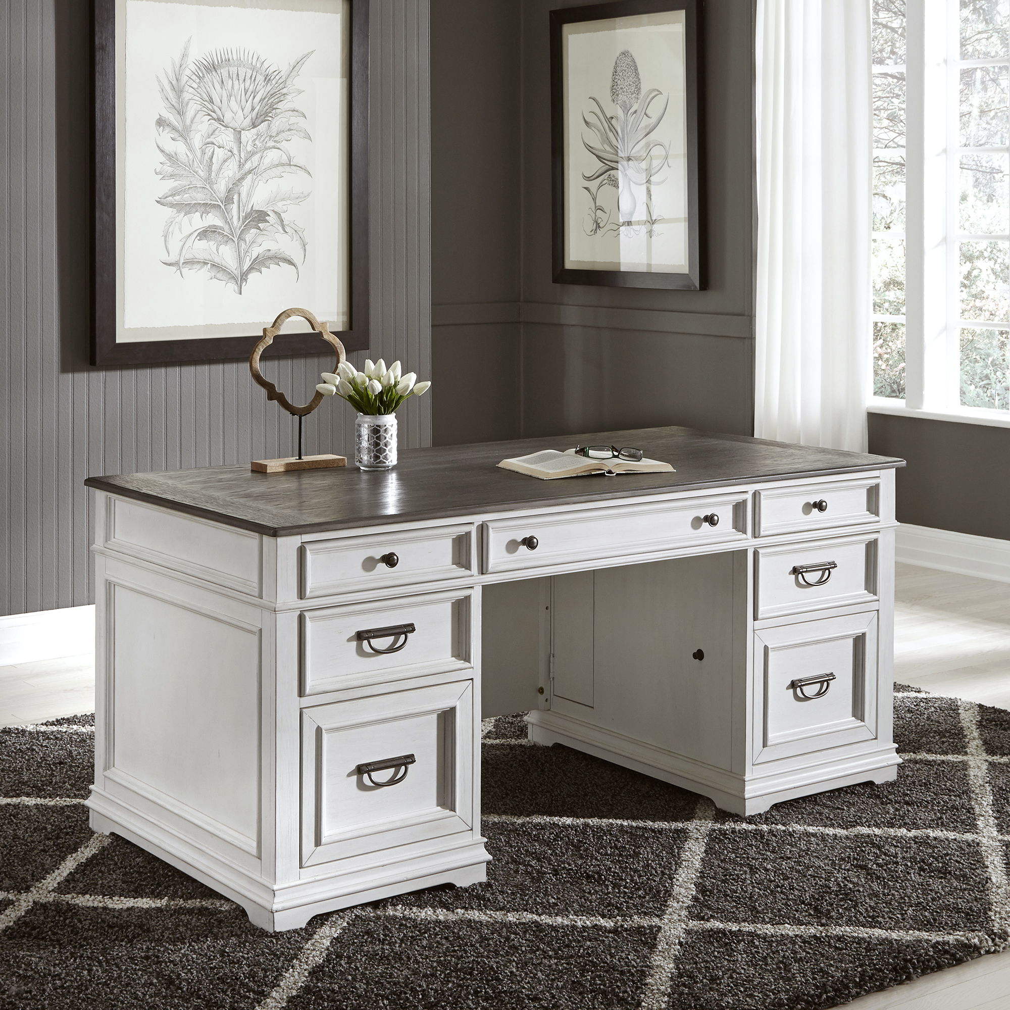 Allyson Park - 3 Piece Home Office Set (Complete Desk) - Wirebrushed White / Charcoal