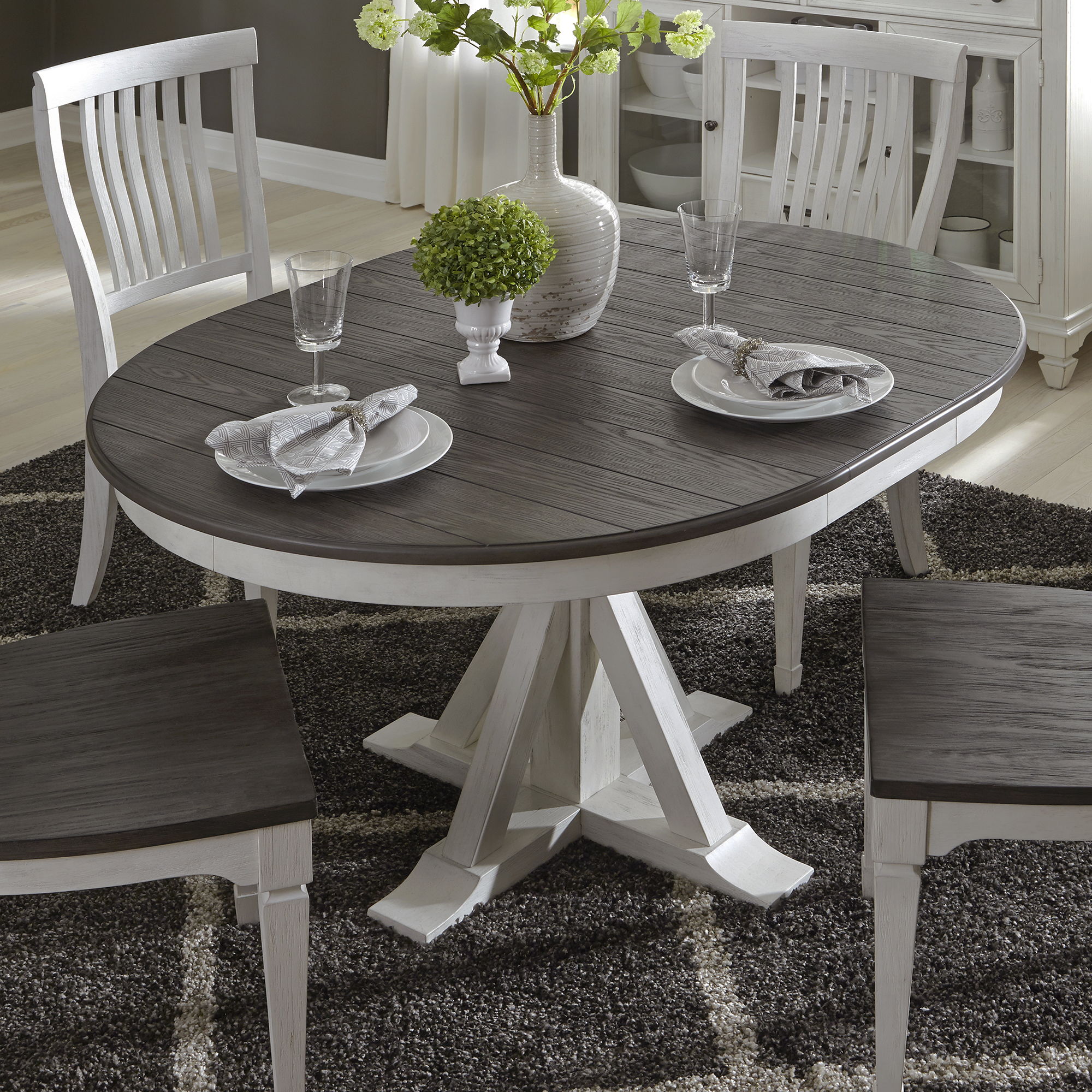 Allyson Park - Single Pedestal Table Top - Wirebrushed White / Charcoal