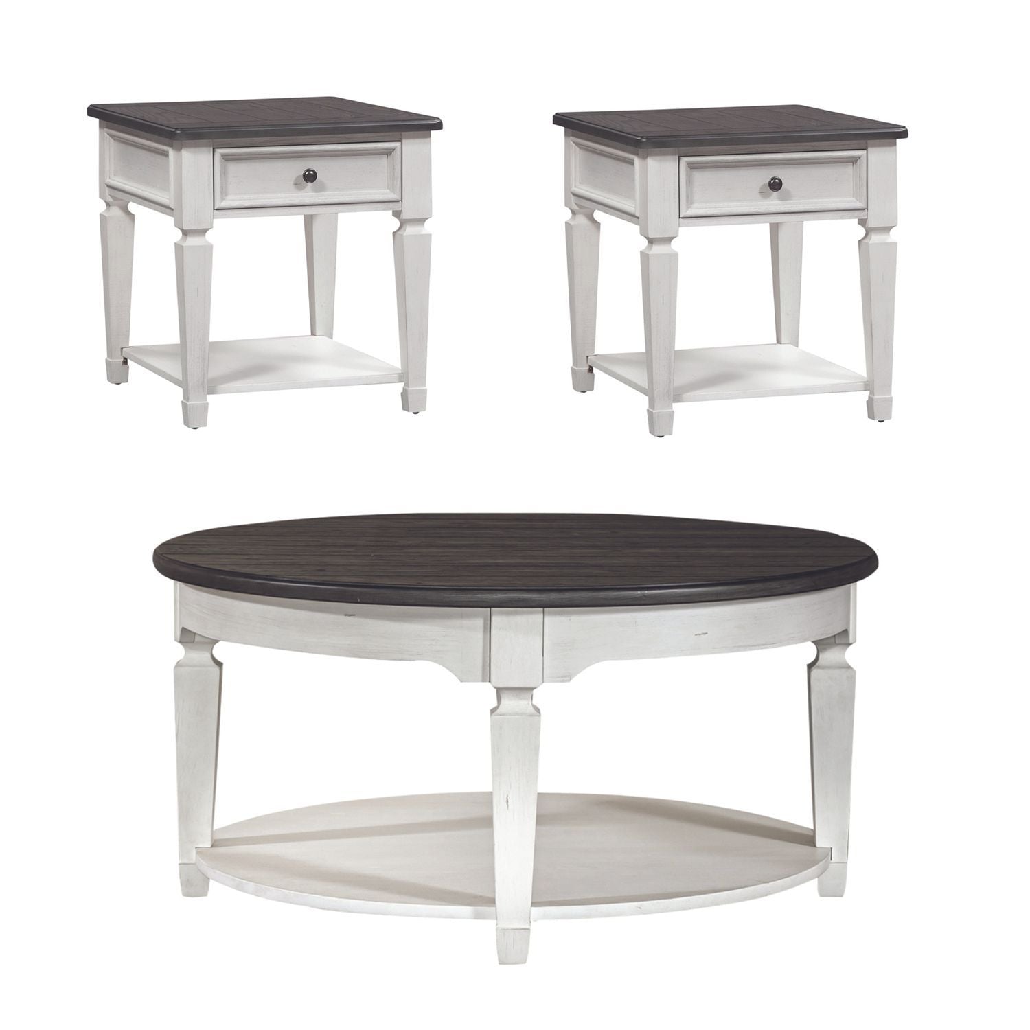 Allyson Park - 3 Piece Living Room Set (Round Cocktail Table) - Wirebrushed White / Charcoal