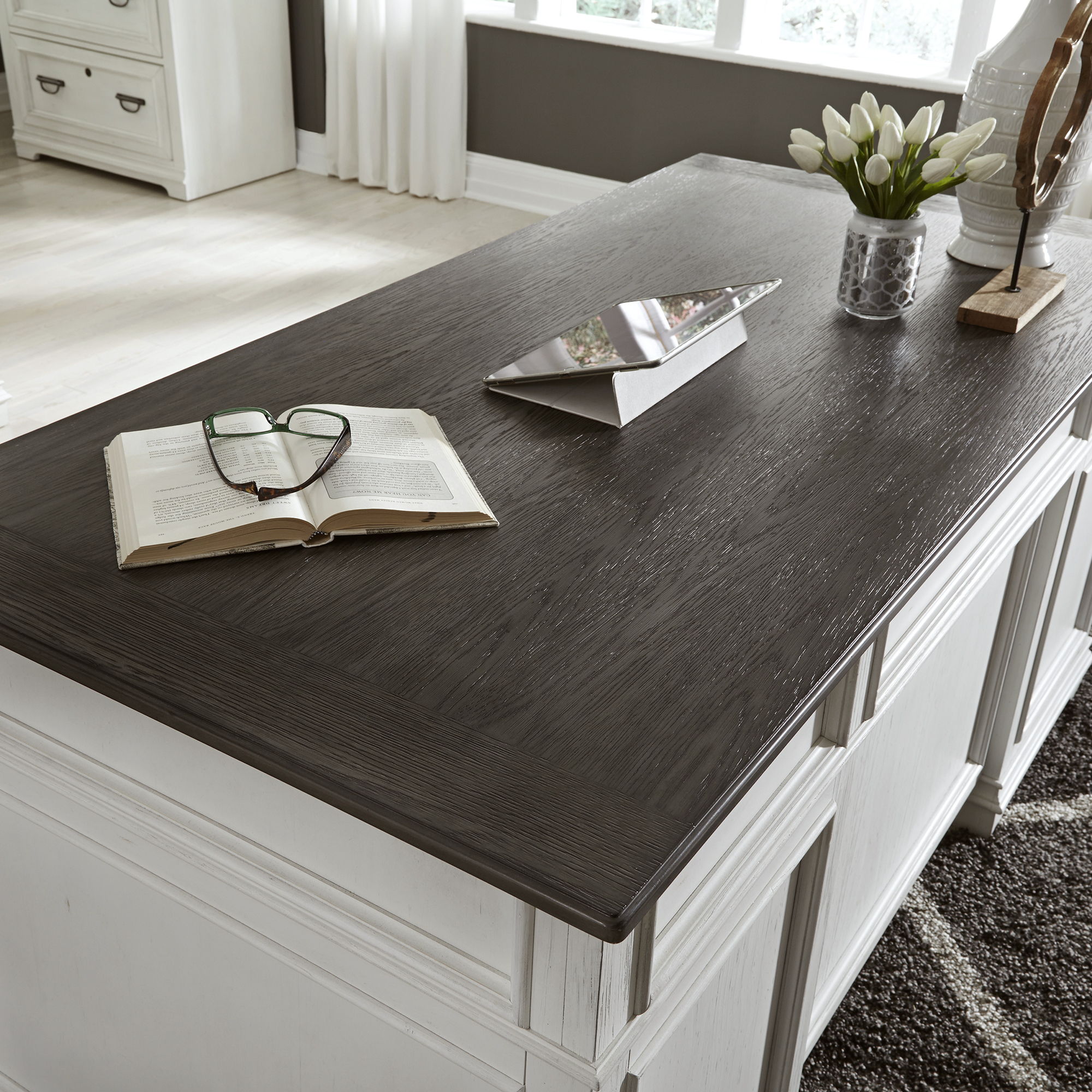Allyson Park - Jr Executive Desk Top - Wirebrushed White / Charcoal